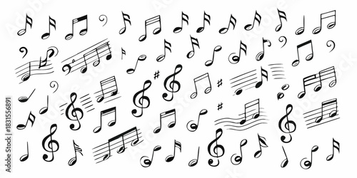 Collection of hand drawn musical notes and symbols on a white background