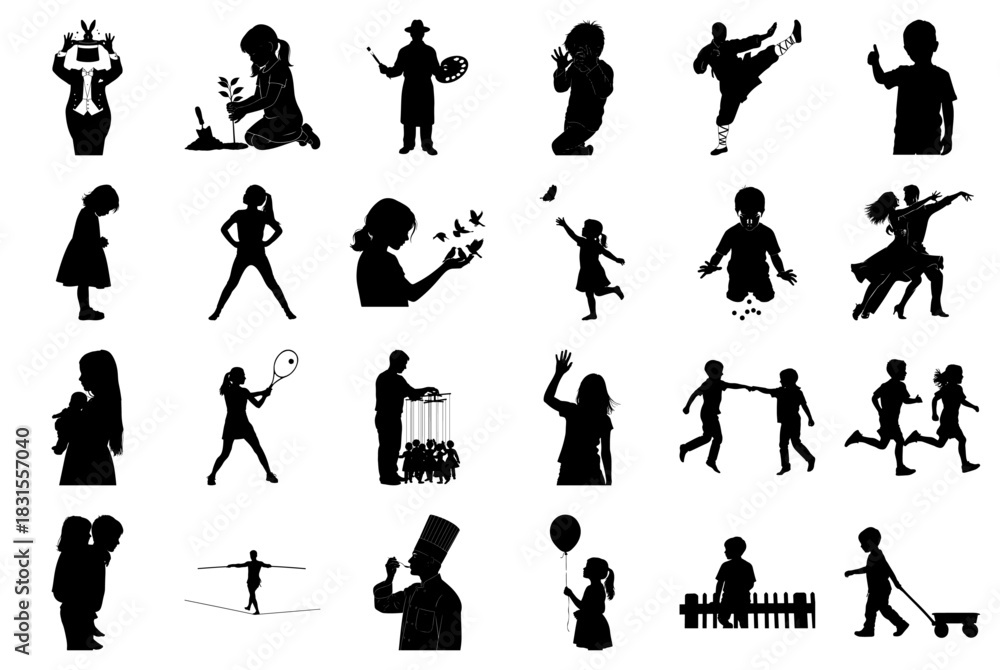 Obraz premium Silhouettes of People and Children in Various Poses Keywords: people, silhouette, grid