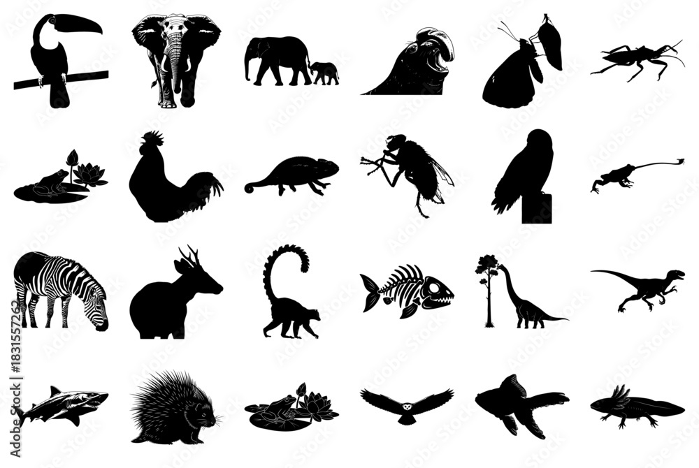 Obraz premium Variety of Animal and Dinosaur Silhouettes on White Background Keywords: toucan, elephant