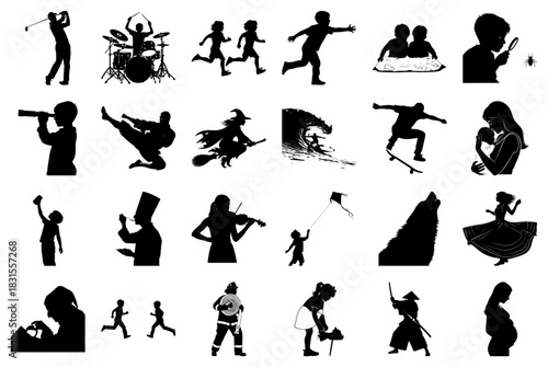 Silhouettes of People in Sports, Professions, and Family Moments