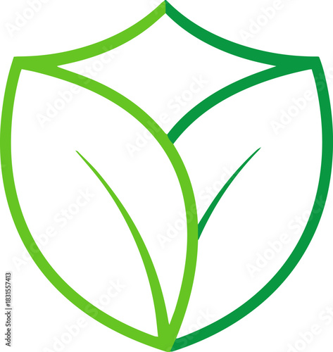 Green leaf shield icon, nature protection flat vector design