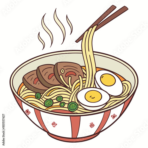 Steaming Ramen Delight: An inviting illustration of a classic ramen bowl with noodles, meat, and eggs, the chopsticks lifting a savory strand of noodles.