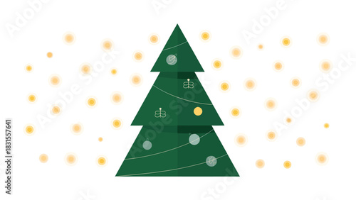 Festive Christmas Tree: A minimalist illustration of a decorated evergreen tree stands proudly against a backdrop of soft, floating lights, ready to celebrate the season.