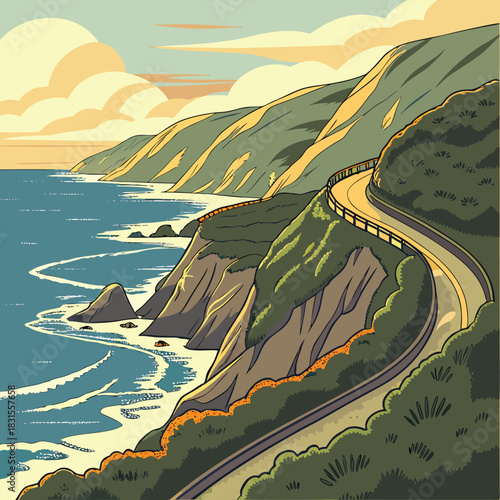Coastal Route Panorama: A picturesque coastal route winds along a rugged cliffside, offering breathtaking views of the ocean. The road snakes its way through lush, rolling hills.