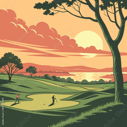 Golden Hour Golfing: Two figures engage in a serene round of golf, their silhouettes framed by the warm hues of a sunset. The meticulously manicured course unfurls towards a tranquil body of water.