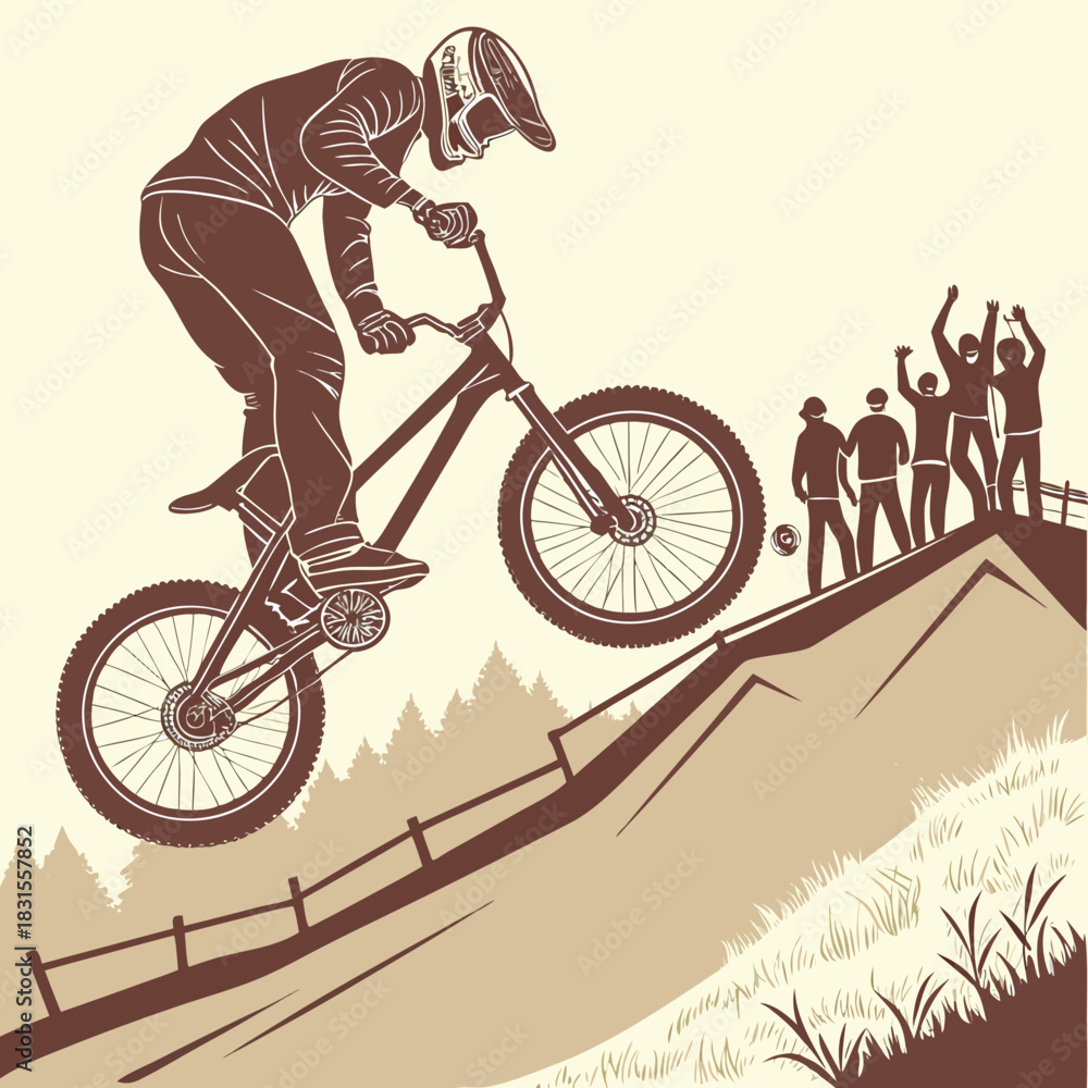 Fototapeta premium BMX Rider's Aerial Mastery: Capturing a thrilling moment of a BMX rider, showcasing skillful maneuvers amidst an energetic spectator gathering