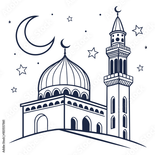 Islamic Mosque Silhouette at Night: An illustrated outline of a mosque, illuminated under the night sky, embodies spirituality, culture, and tranquility.