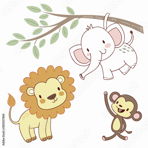 Jungle Friends: Whimsical illustrations of an elephant, a lion, and a monkey, a delightful ensemble celebrating the innocence of youth and the playful spirit of the jungle. 