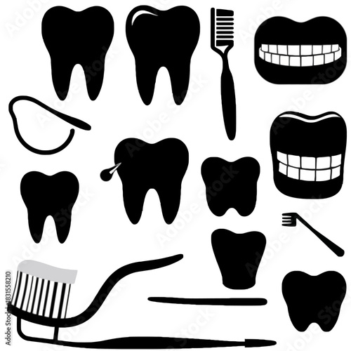 Dental care illustration with teeth toothbrushes and mouth outlines