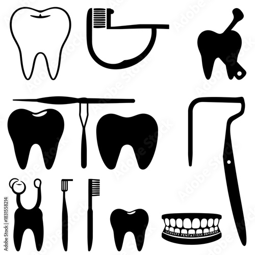Dental care tools  teeth shapes depicted in black and white