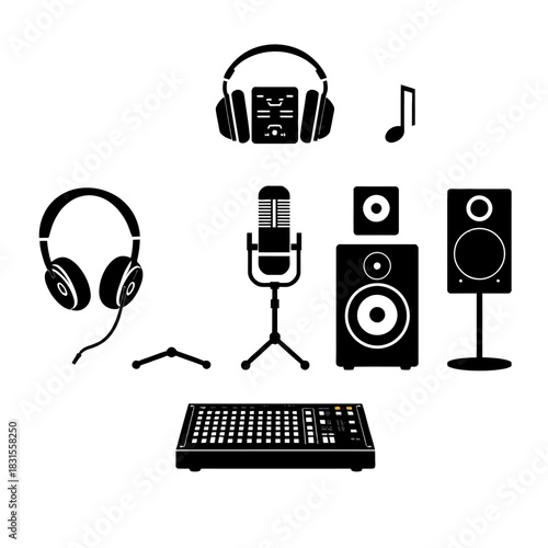 Graphic icons of studio equipment include headphones microphone speakers mixer and music note on a white background