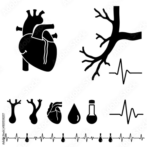 Medical motif shows heart vessels blood drop beaker heart signal