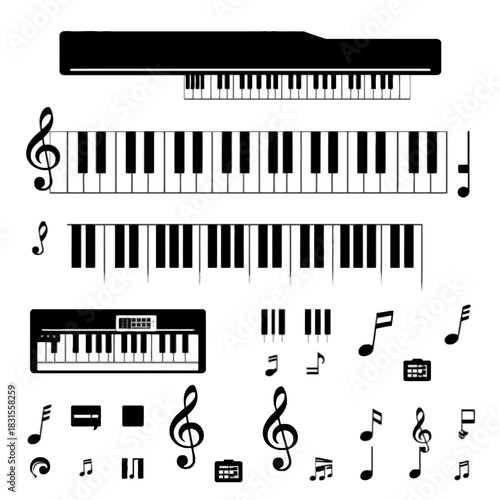 Musical elements a black and white rendering including pianos keyboards treble clefs and various music notes
