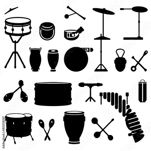 Silhouette of an ensemble of various percussion instruments