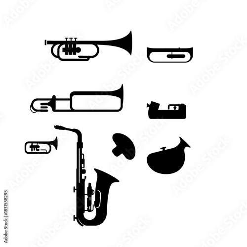 Silhouette of several musical instruments including a trumpet saxophone and bagpipes