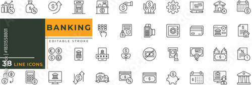 Banking icon set with editable stroke. Vector illustration.
