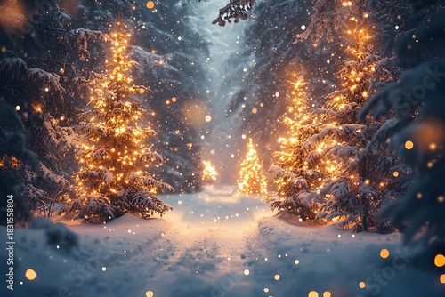 Winter Forest Path with Snowfall and Brightly Lit Christmas Trees Image