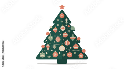 Festive Holiday Pine: An evergreen pine stands adorned with ornaments and a radiant star, embodying the joyous spirit of the holidays.