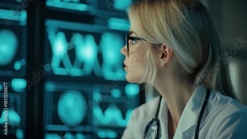 Caucasian female medical professional analyzing data in a modern laboratory setting, statistics and data processing over caucasian female doctor