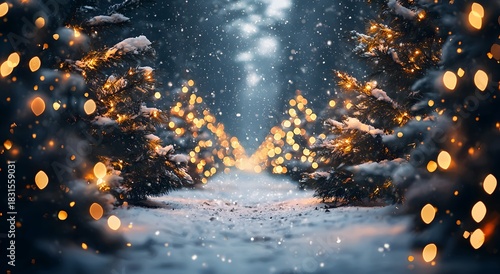 Enchanted snowy forest path with glowing Christmas lights at night Image