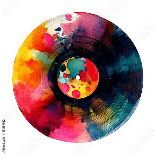 Stylized watercolor Vinyl Record vector, modern artistic illustration with high-quality details on a pure white background.