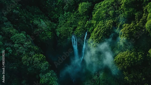 Hidden valley waterfalls cascade through lush wilderness in Kauai, Aerial hidden valley waterfalls Kauai lush Wilderness Hawaii