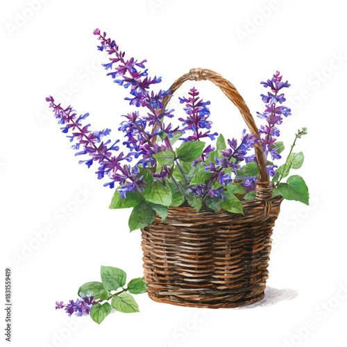 Stylized watercolor Salvia Basket vector, modern artistic illustration with high-quality details on a pure white background.