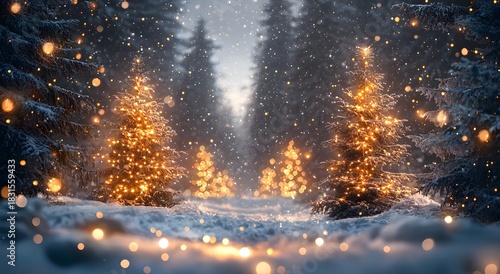 Enchanting Winter Forest with Snow and Glowing Christmas Tree Lights Image