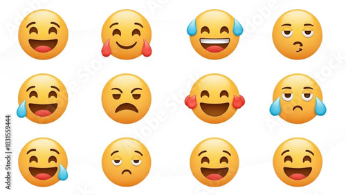 A diverse collection of colorful emoji faces showing various emotional expressions and reactions