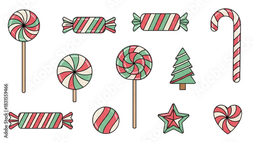 Festive Christmas candy collection with lollipops, hard candies, and a candy cane