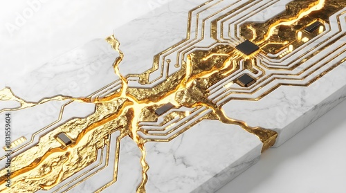 Wallpaper Mural Luxurious white marble texture featuring cracked veins filled with liquid gold circuitry and microchips suitable for premium technology hardware and geology design. Torontodigital.ca