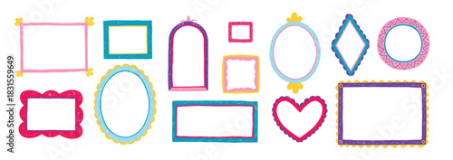 A set of hand-drawn cute frame mirrors with crayon, pastel and pencil texture. Kids frame print collection with scribble.