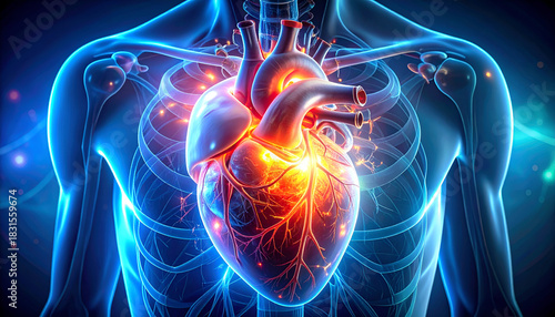 Human Heart Anatomy Illuminated in Glowing Blue and Orange.