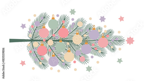 Festive Adornments: A charming display of pastel ornaments on a Christmas tree branch, evoking a sense of festive cheer and holiday anticipation. 