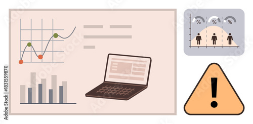 Graph and bar chart representing trends, open laptop displaying data, demographics visual chart, warning triangle. Ideal for analysis, risk management, reporting, statistics, decision-making