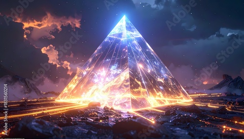 Fototapeta Naklejka Na Ścianę i Meble -  Futuristic glowing pyramid structure illuminating a dark cloudy landscape at night.