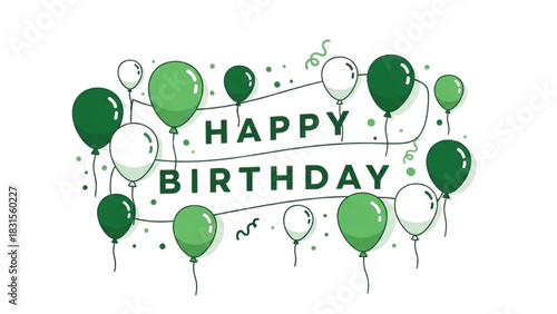 Happy Birthday Celebration with Green Balloons and Confetti Illustration
