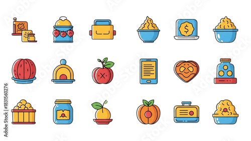 Colorful Line Art Icon Set with Various Objects and Shapes