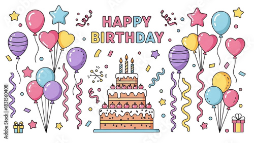Happy Birthday Celebration with Cake, Balloons, Confetti, and Gifts - Festive Event