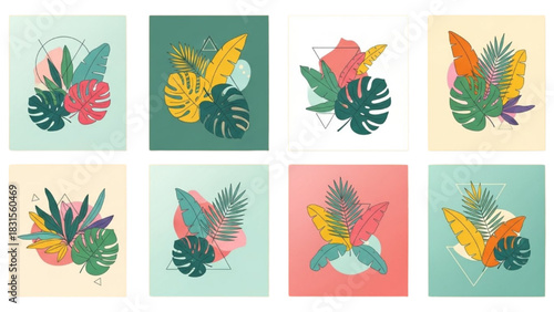 Tropical Foliage Art Vibrant Leaf Arrangements in Geometric Frames