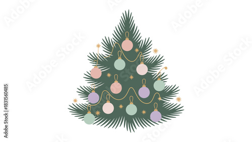 Festive Tree Ornament: a beautifully decorated Christmas tree, adorned with shimmering ornaments, twinkly garland, radiating the warmth of holiday spirit.