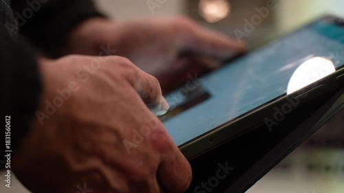 Close-up of mechanic hands operating a touchscreen tablet for digital maintenance checks, highlighting modern diagnostic workflow in a professional industrial workshop setting
