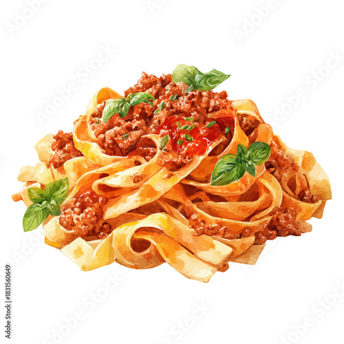 Stylized watercolor Fettuccine Bolognese vector, modern artistic illustration with high-quality details on a pure white background.