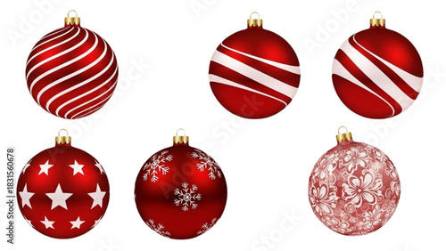 Assortment of elegant red holiday ornaments featuring various patterns like stars and snowflakes for festive decor