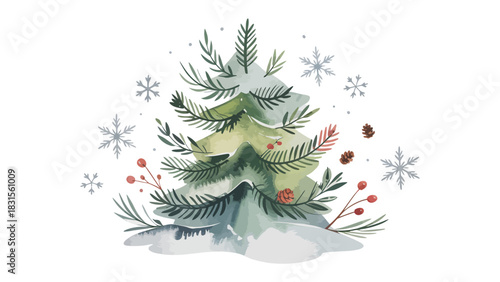 Festive Pine and Snow: An illustration of a Christmas tree is delicately adorned with snowflakes, berries, and pinecones, evokes the enchanting spirit of the season.