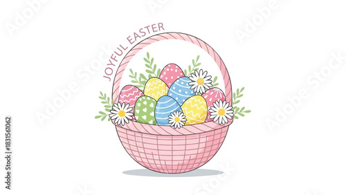 A charming pink woven basket overflowing with vibrantly colored and patterned easter eggs adorned with delicate daisies and green leaves