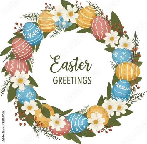 Festive easter greeting card with a circular wreath of decorated eggs white flowers green leaves and small red berries on a black background