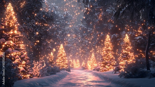Winding Snowy Path Through a Forest of Illuminated Christmas Trees Image