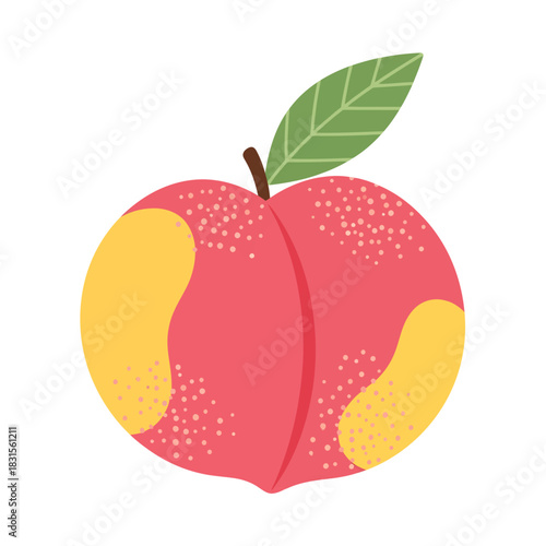 This charming, flat-style vector illustration depicts a plump, ripe peach with coral-pink skin, organic yellow highlights, and stippled texture details, topped by a single veined green leaf