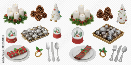 Collection of festive Christmas decorations and table setting elements.